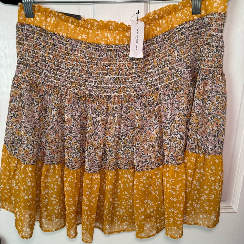 Banana Republic Factory Yellow and Blue Smocked Skater Mini Skirt